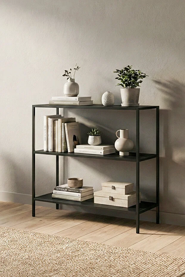 Vesta Modern Tasarım 3 Raflı Siyah Metal Kitaplık & Dekoratif Konsol